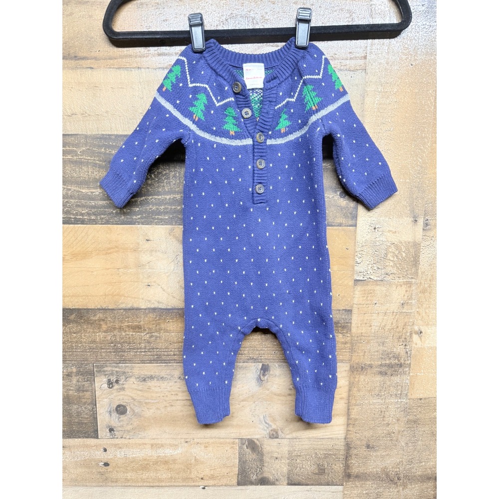 Hanna Andersson Baby Blue Christmas Tree Snowflake Knit Romper Jumper 6-12 Month